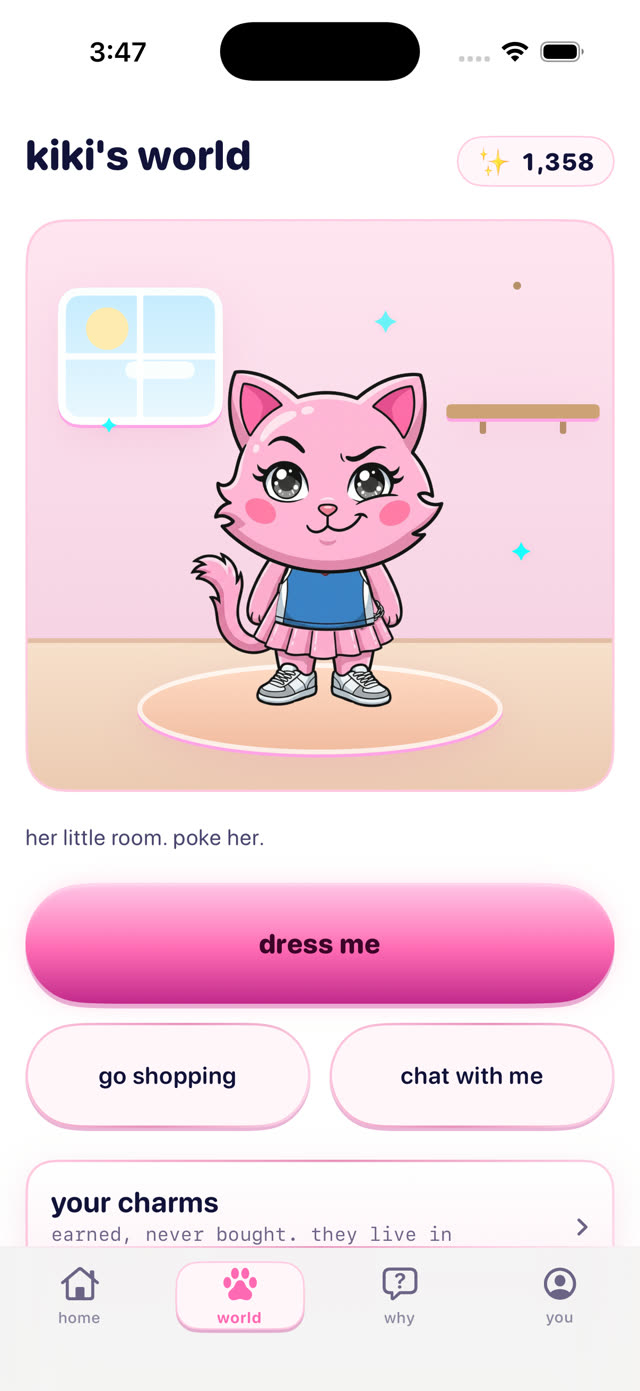 Kiki's room in the app — a happy pink cartoon cat
