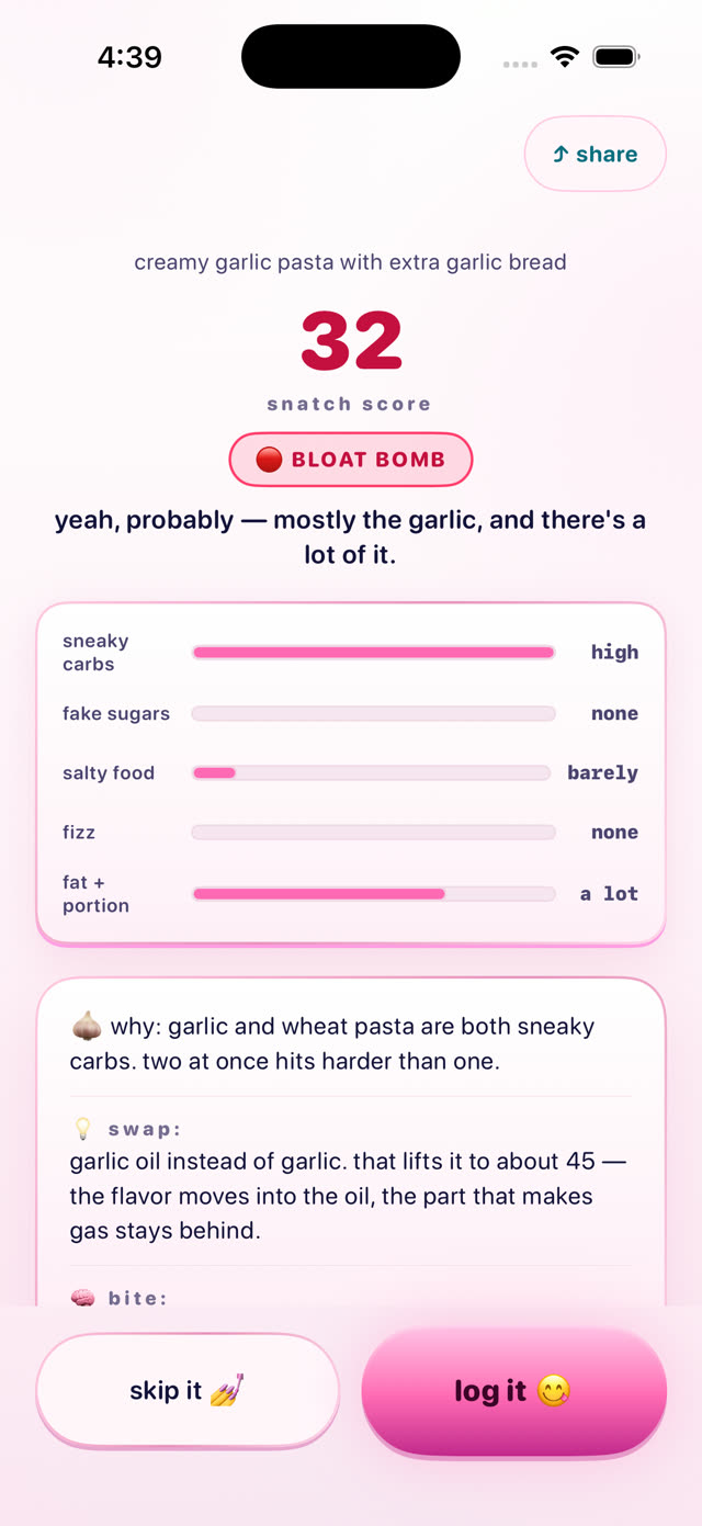 Kiki scoring creamy garlic pasta 32 — bloat bomb, with the honest sentence